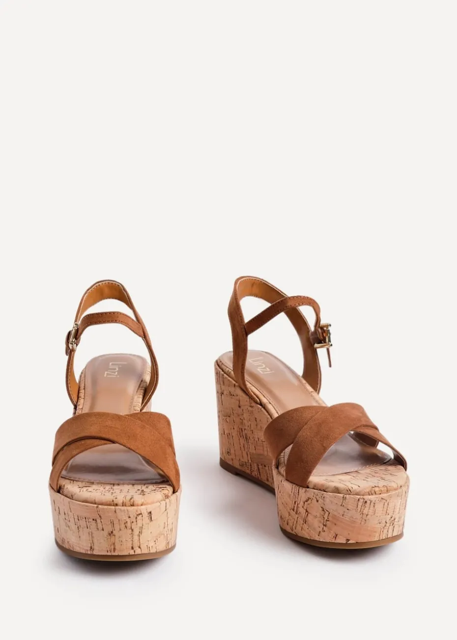 Linzi Vivid Tan Faux Suede Crossover Cork Wedge