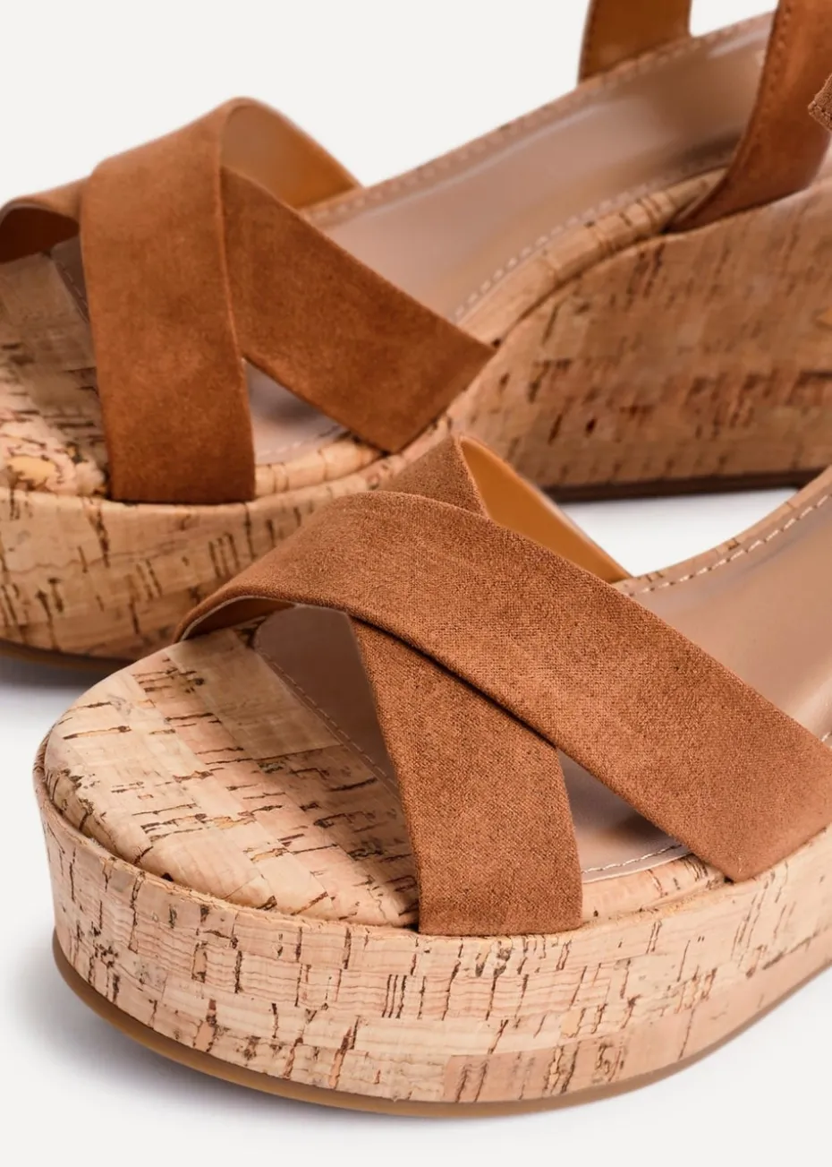 Linzi Vivid Tan Faux Suede Crossover Cork Wedge