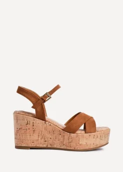 Linzi Vivid Tan Faux Suede Crossover Cork Wedge