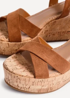 Linzi Vivid Tan Faux Suede Crossover Cork Wedge
