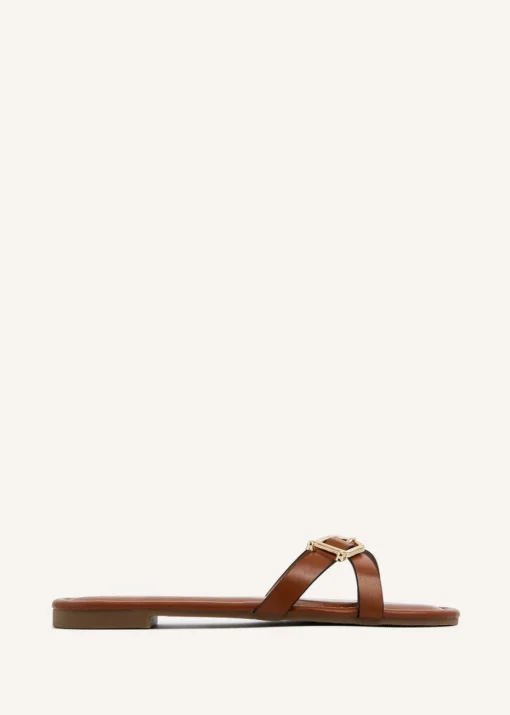 Linzi Yasmin Tan Faux Leather Crossover Slider Sandal