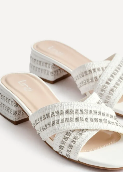 Linzi Zadie White Raffia Embellished Block Heel Mule Sandal