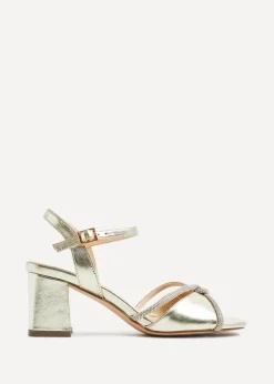 Linzi Zoey Gold Faux Leather Diamante Block Heel
