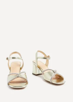 Linzi Zoey Gold Faux Leather Diamante Block Heel