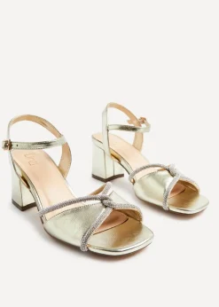 Linzi Zoey Gold Faux Leather Diamante Block Heel