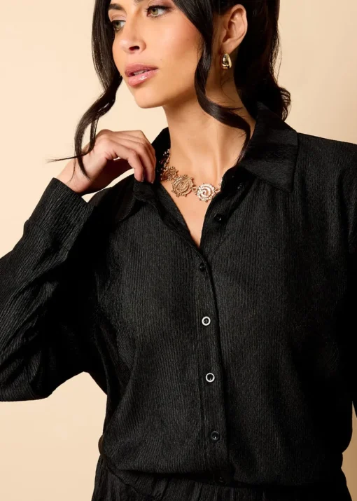 Little Mistress Black Co Ord Plisse Shirt by Vicky Pattison