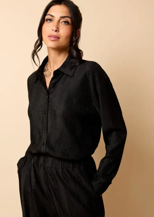 Little Mistress Black Co Ord Plisse Shirt by Vicky Pattison