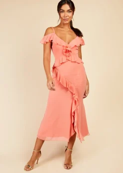 Little Mistress Coral Chiffon Rosette Trim Dress