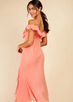 Little Mistress Coral Chiffon Rosette Trim Dress