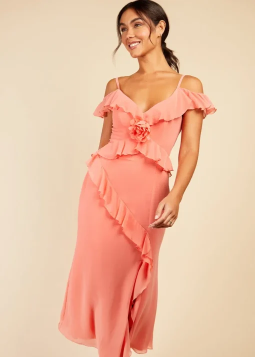 Little Mistress Coral Chiffon Rosette Trim Dress