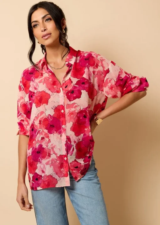 Little Mistress Red Floral Print Chiffon Shirt by Vicky Pattison