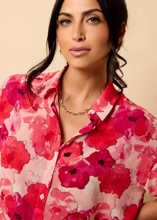Little Mistress Red Floral Print Chiffon Shirt by Vicky Pattison