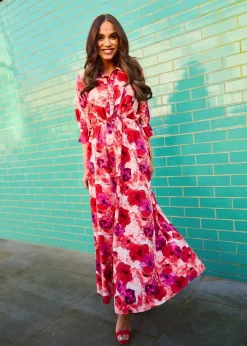 Little Mistress Red Floral Maxi Shirt Dress by Vicky Pattison