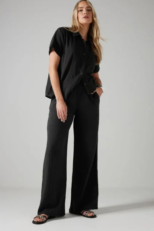 Long Tall Sally Black Cotton Cheescloth Wide Leg Trousers