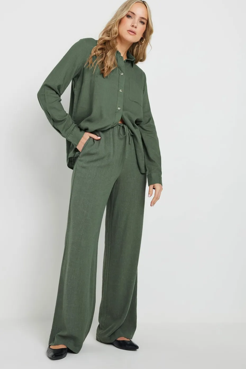 Long Tall Sally Khaki Green Linen Tie Waist Trousers