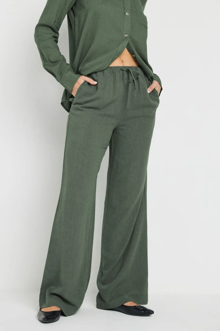 Long Tall Sally Khaki Green Linen Tie Waist Trousers