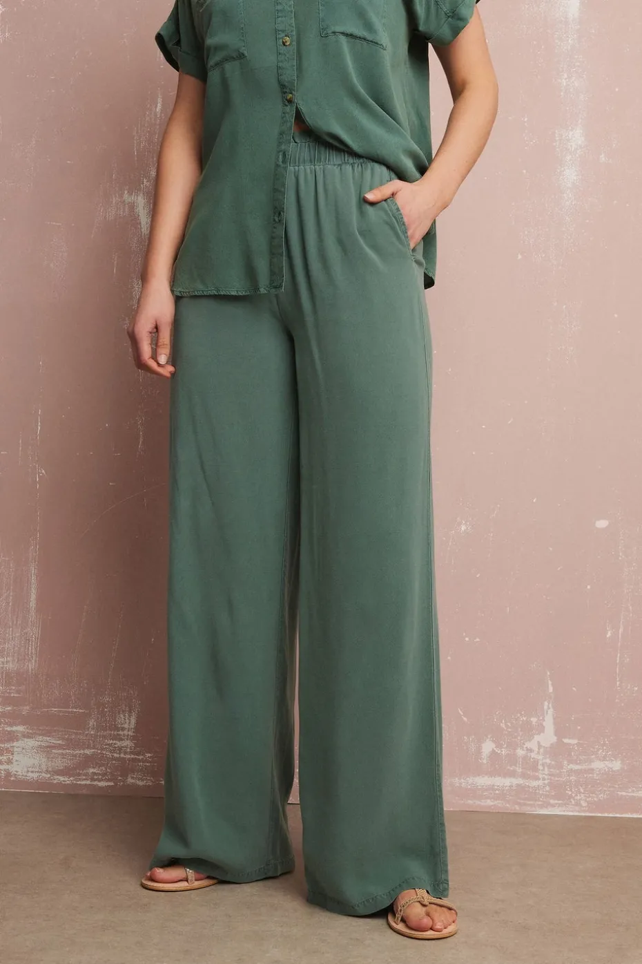 Long Tall Sally Khaki Green Acid Wash Wide Leg Trousers