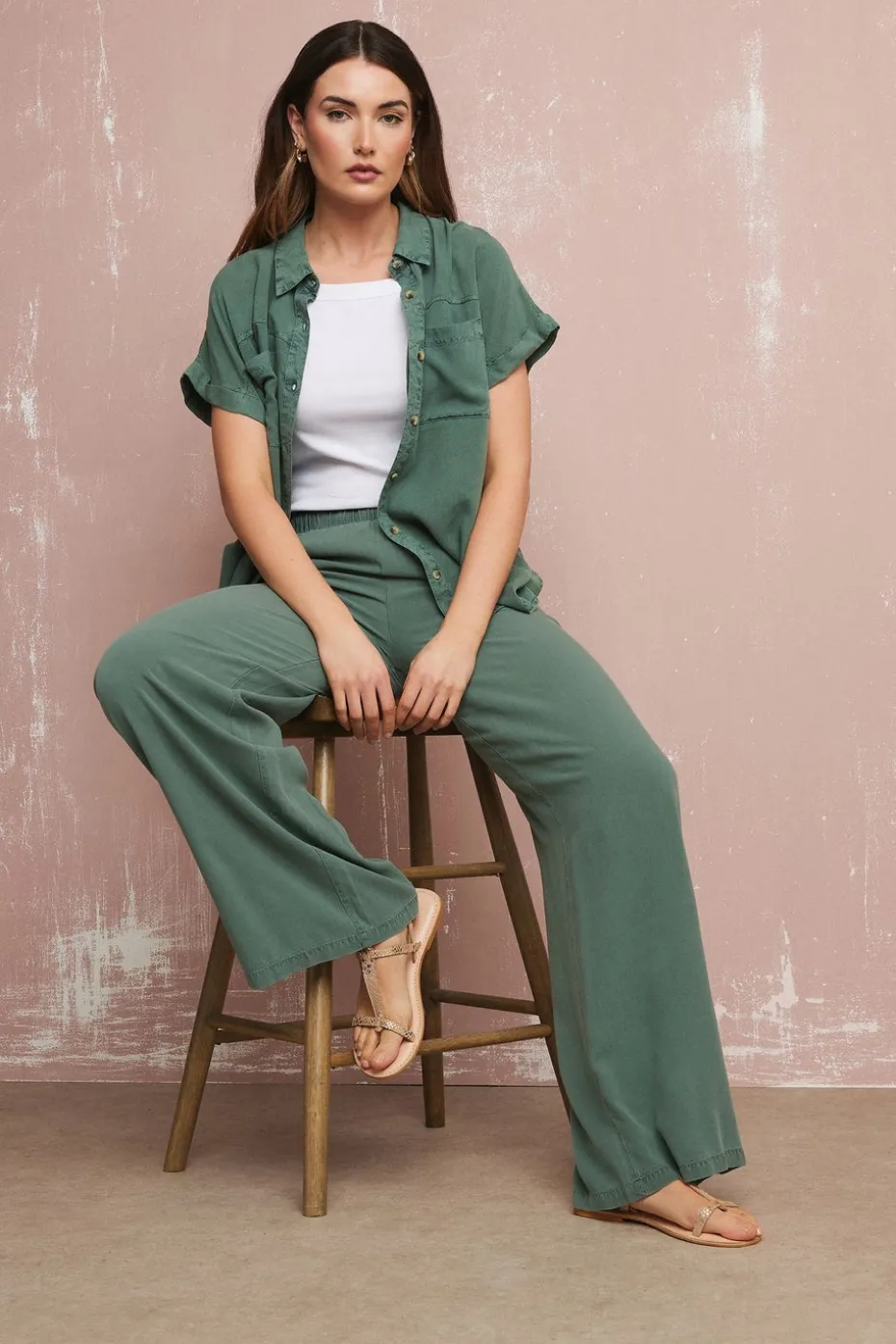 Long Tall Sally Khaki Green Acid Wash Wide Leg Trousers