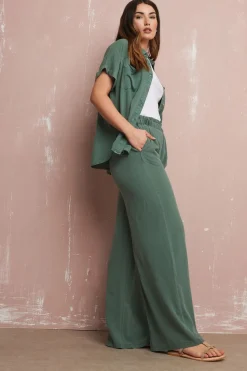 Long Tall Sally Khaki Green Acid Wash Wide Leg Trousers