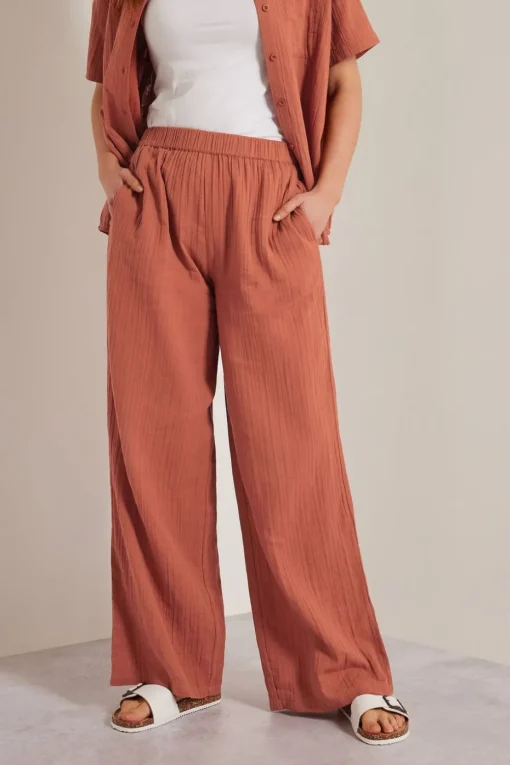 Long Tall Sally Rust Orange Cotton Cheescloth Wide Leg Trousers