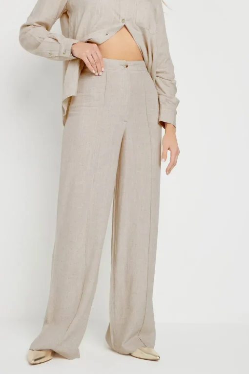 Long Tall Sally Stone Brown Linen Pleated Wide Leg Trousers