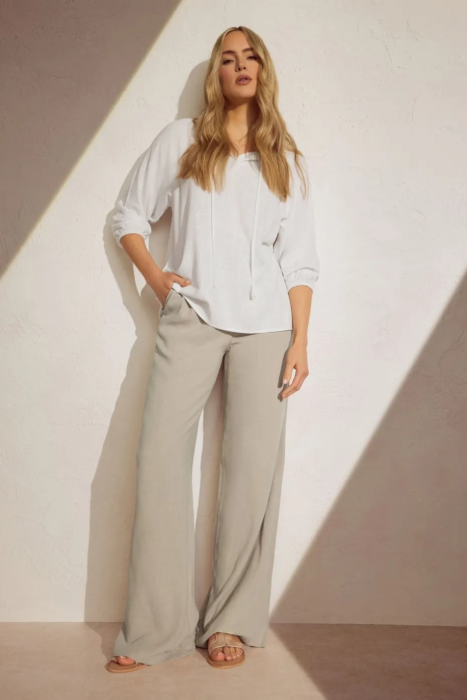 Long Tall Sally Stone Brown Linen Tie Waist Wide Leg Trousers