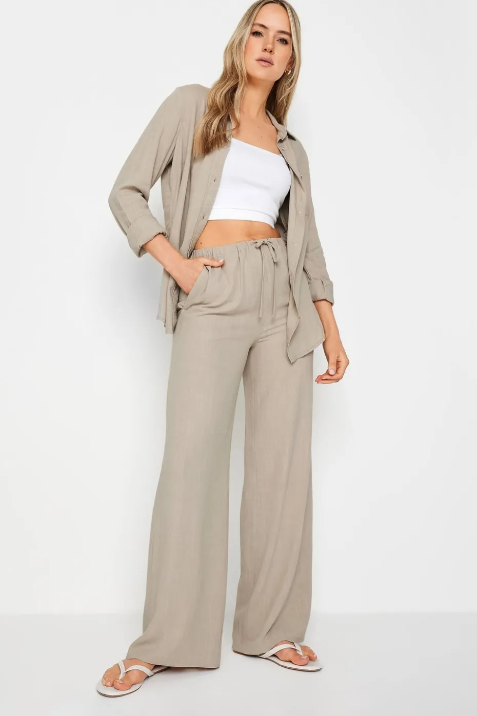 Long Tall Sally Stone Brown Linen Tie Waist Wide Leg Trousers