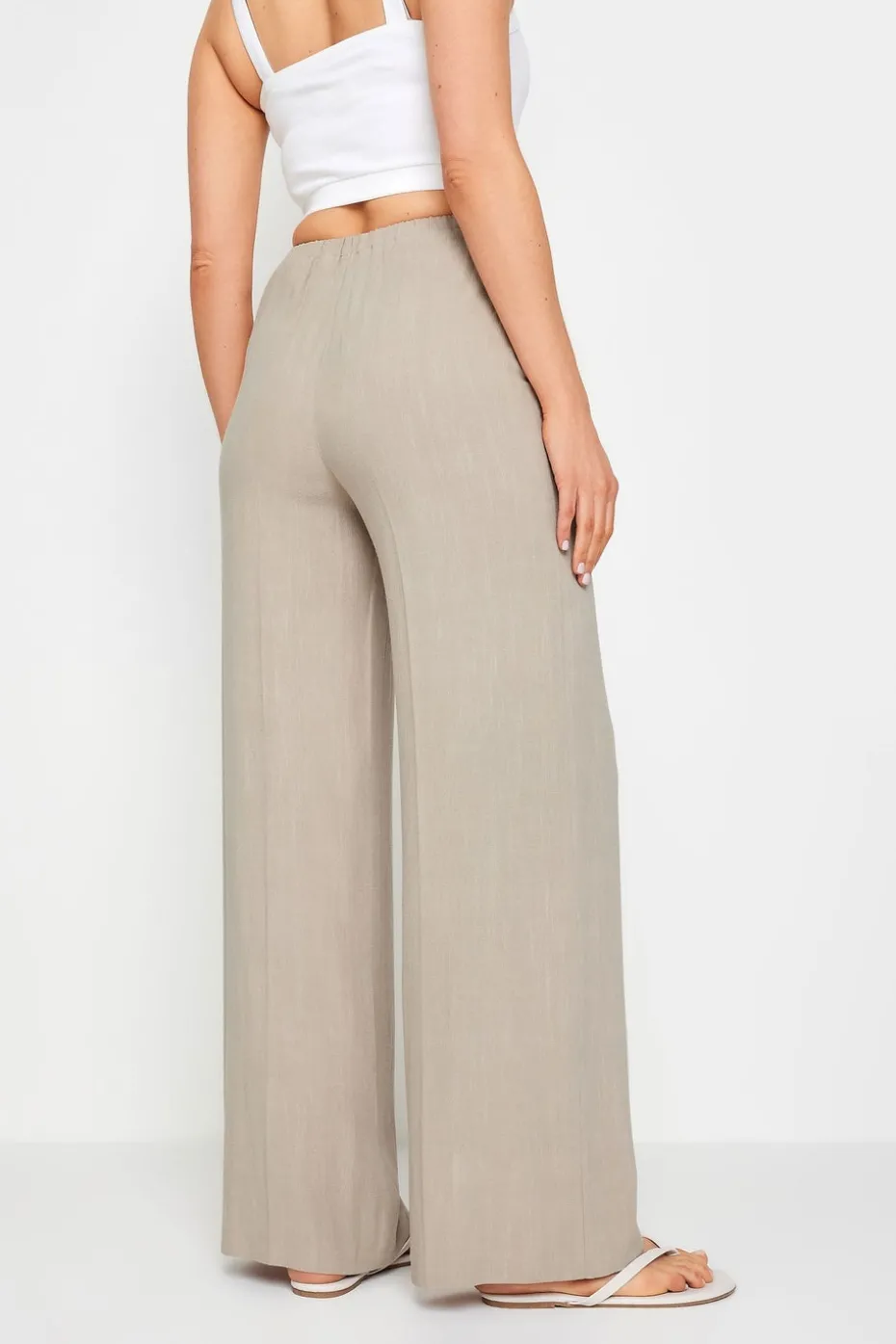 Long Tall Sally Stone Brown Linen Tie Waist Wide Leg Trousers