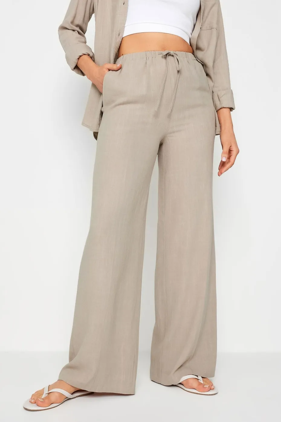 Long Tall Sally Stone Brown Linen Tie Waist Wide Leg Trousers