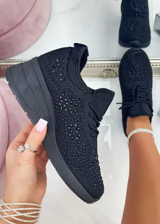 Love Lemonade Black Crystal Stretch Comfort Wedge Trainers