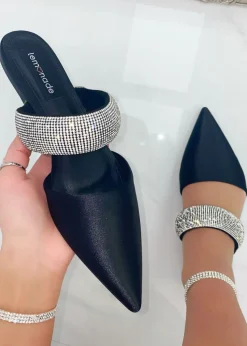 Love Lemonade Black Crystal Strap Pointed Toe Sliders