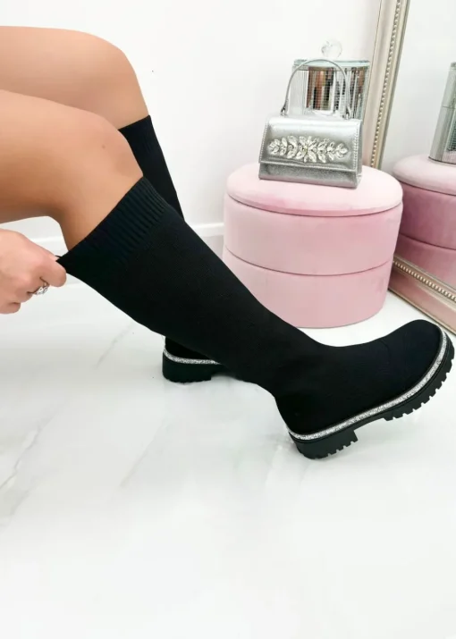 Love Lemonade Black Sparkly Calf Stretch Sock Boots