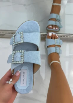 Love Lemonade Blue Crystal Boho Suede Double Buckle Sliders