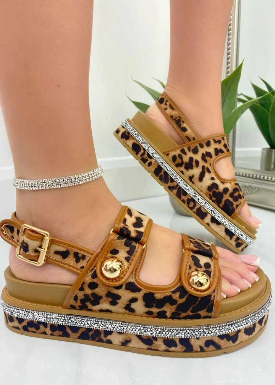 Love Lemonade Leopard Crystal Trim Platform Sandals