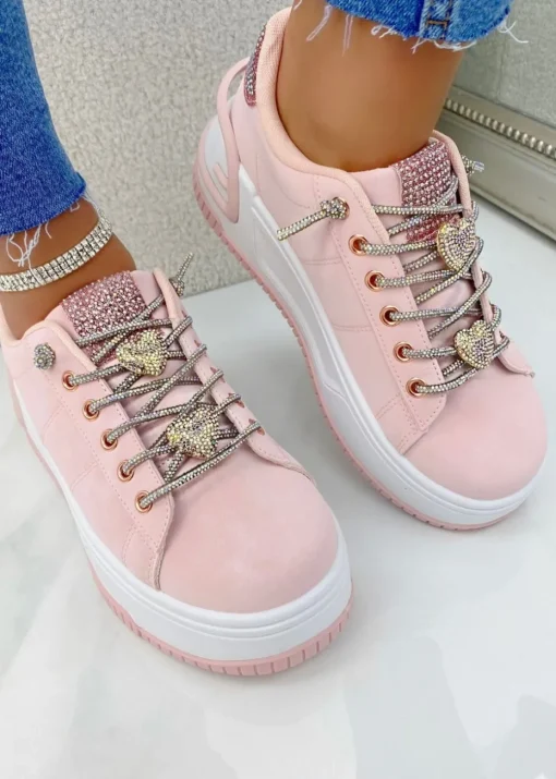 Love Lemonade Pale Pink Crystal Hearts Sparkly Lace Up Trainers