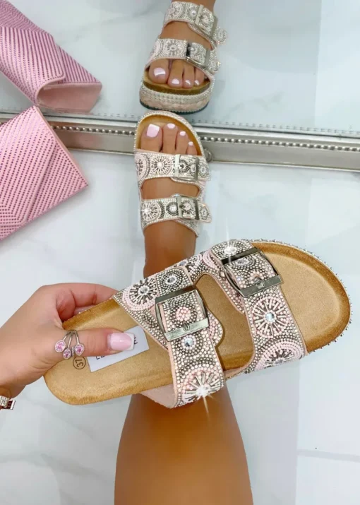 Love Lemonade Pink Crystal Radiant Double Strap Sliders