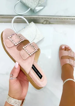 Love Lemonade Pink Crystal Boho Suede Double Buckle Sliders