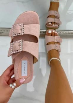 Love Lemonade Pink Crystal Boho Suede Double Buckle Sliders