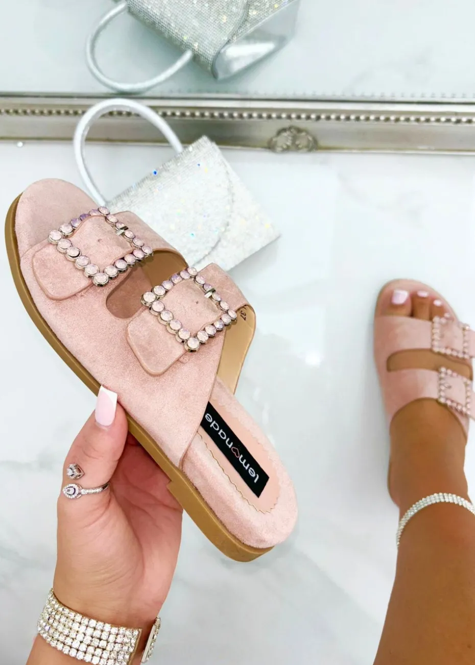 Love Lemonade Pink Crystal Boho Suede Double Buckle Sliders