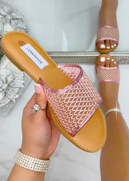 Love Lemonade Pink Crystal Gem Mesh Sliders