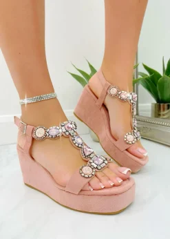 Love Lemonade Pink Sparkly Crystal Cluster Wedge Sandals