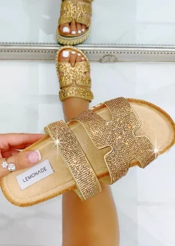 Love Lemonade Rose Gold Crystal Luxe Double Strap Sliders