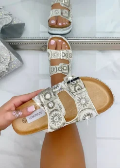 Love Lemonade Silver Crystal Radiant Double Strap Sliders