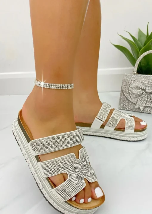 Love Lemonade Silver Crystal Luxe Double Strap Sliders
