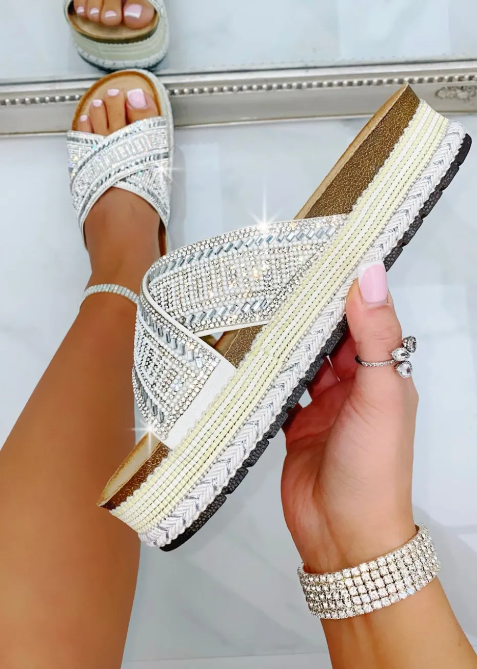 Love Lemonade Silver Crystal Shimmer Wedge Sliders