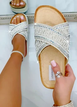 Love Lemonade Silver Crystal Shimmer Wedge Sliders