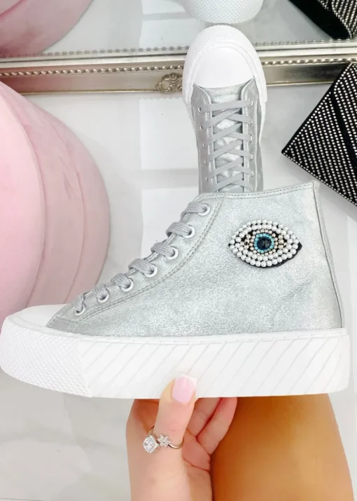 Love Lemonade Silver Sparkly Embellished Evil Eye High Top Trainers