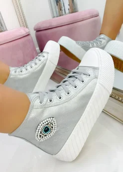 Love Lemonade Silver Sparkly Embellished Evil Eye High Top Trainers