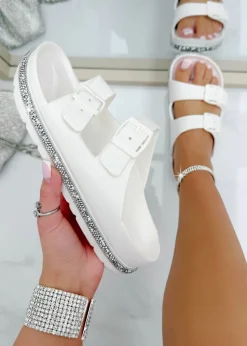 Love Lemonade White Crystal Trim Lightweight Double Strap Sliders