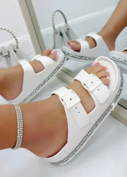 Love Lemonade White Crystal Trim Lightweight Double Strap Sliders